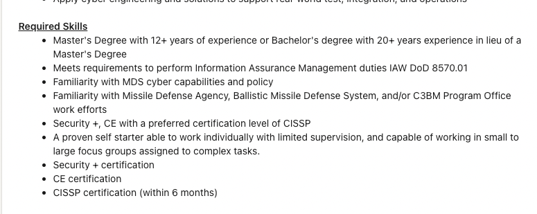 A friend of mine has heard me talk about the ridiculous requirements for entry level infosec jobs and sent me this. They said it was an entry level posting for a Cyber Security Analyst. Like seriously...how?
