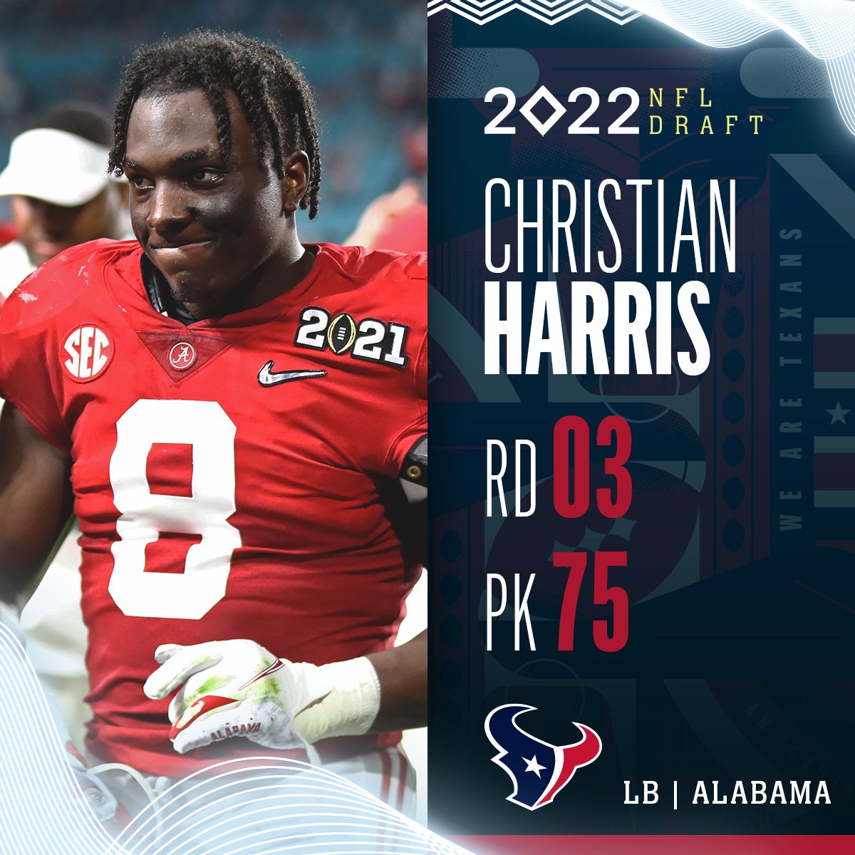 With the No. 75 overall pick in the 2022 <a href="/NFLDraft/">NFL Draft</a>, the 
<a href="/HoustonTexans/">Houston Texans</a> select LB Christian Harris!

📺: 2022 #NFLDraft on NFLN/ESPN/ABC