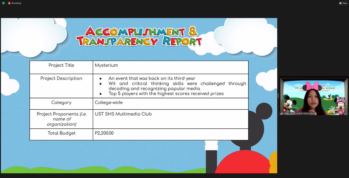 ustshsmmc's tweet photo. NOW: Mx. Andrea Suyat, the club Auditor, and Mx. Geraldine Badugas, the club treasurer present the accomplishment and transparency of the Multimedia Club this academic year.
#MMCanongGAnap
#MMClubhouse
#MMConnect https://t.co/jlsxRn8ZYW