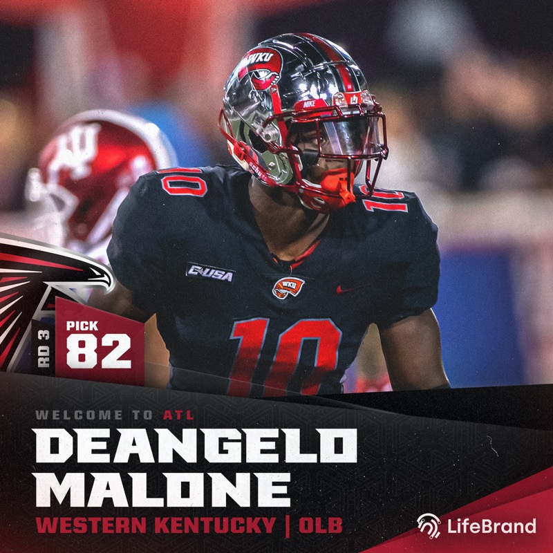 AtlantaFalcons's tweet photo. We have selected OLB DeAngelo Malone with the 82nd pick in the 2022 NFL Draft.