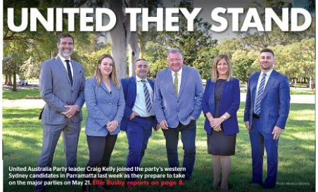 parrastreets's tweet photo. Okay I am late to this, but who on earth decided it was a good idea to put the United Australia Party on the front page of the Parra News??? https://t.co/yYTMVtXcYu