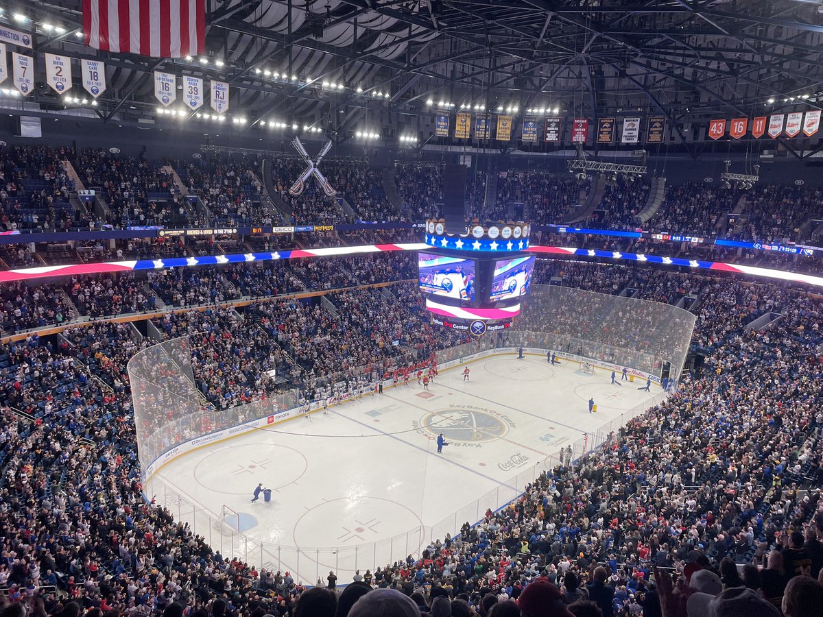 kevin_siracuse's tweet photo. It was packed. Amazing atmosphere. Josh Allen, Kaiir Elam and a bunch of other Bills players were in attendance. The #Bills drafted James Cook right as Owen Power tied the game. Casey Mittelstadt won it in OOOOVERTIME. Great way to send RJ off!!! #LetsGoBuffalo #BillsMafia https://t.co/XdzhXrOoAB