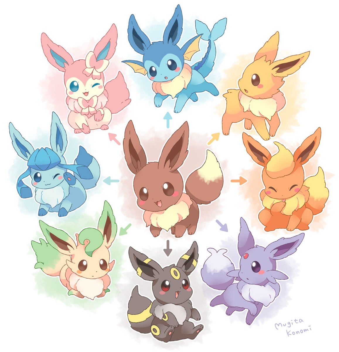 eevee ,leafeon no humans pokemon (creature) one eye closed open mouth smile brown eyes closed eyes  illustration images