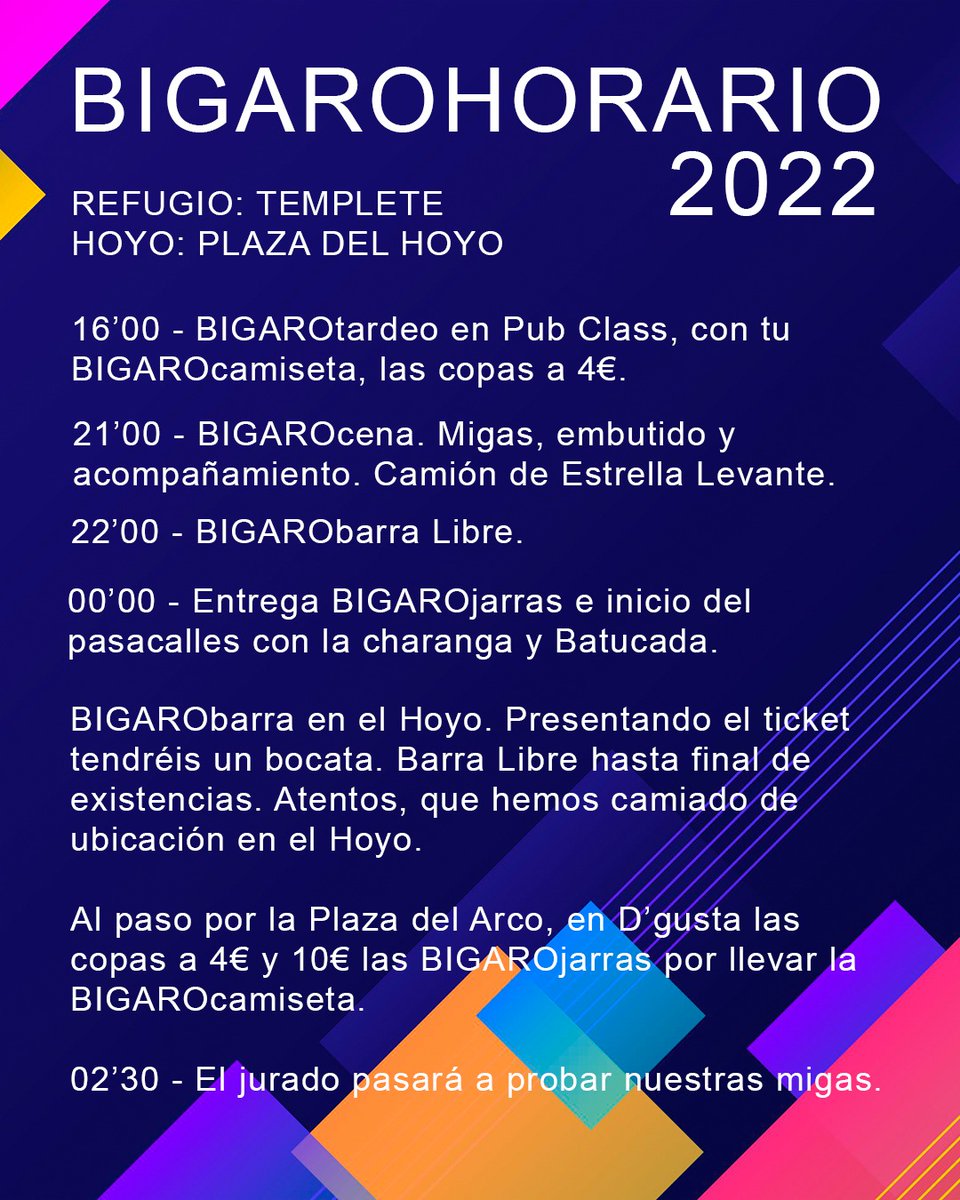 Bigaro2012's tweet photo. Y por fin!! aquí tenéis el tan deseado Bígaro horario 2022.
Empezamos a las cuatro con el Bígaro tardeo.
A disfrutar!!! https://t.co/wU3volxkNz