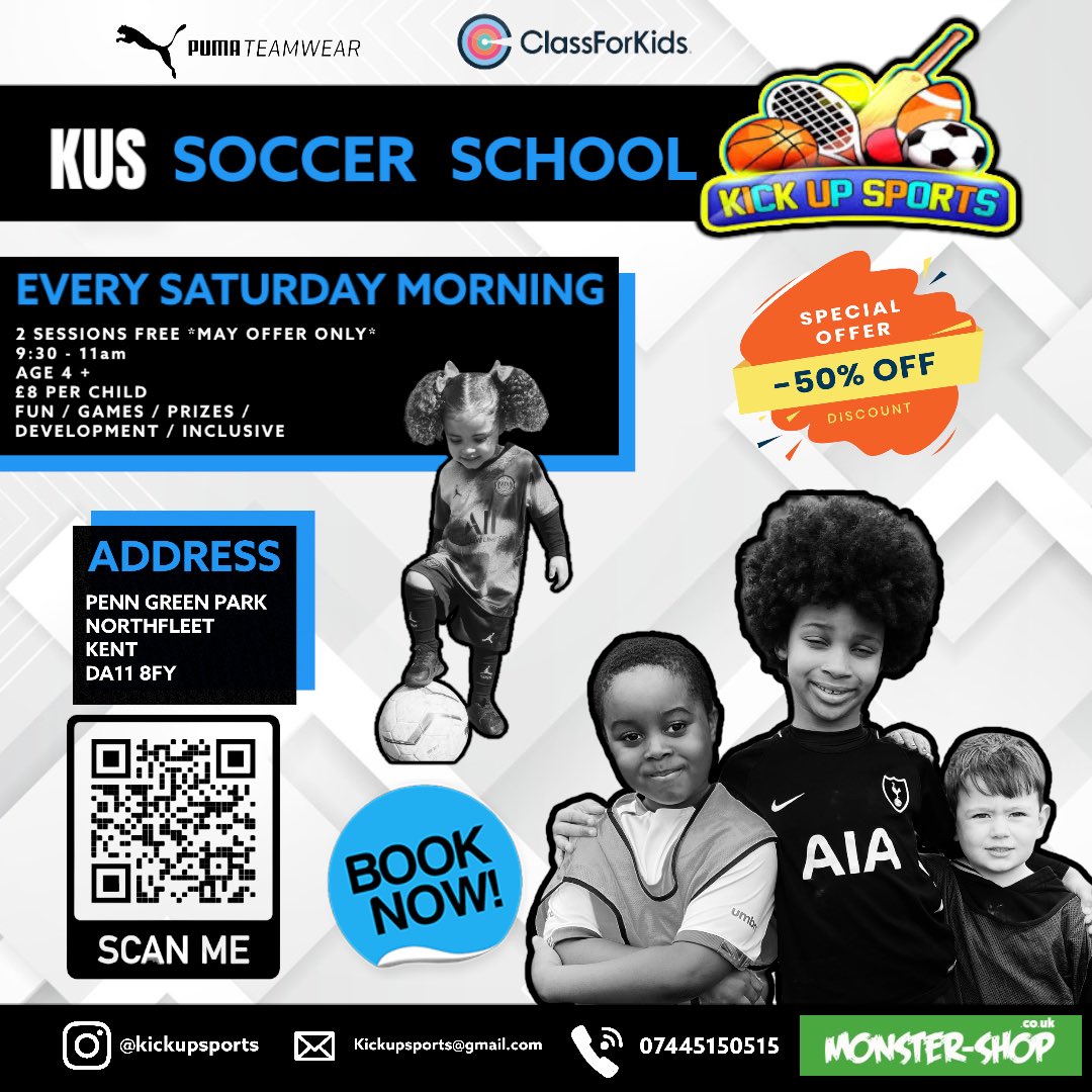 🤩 MAY KUS OFFER 🥳

5️⃣0️⃣% OFF OUR SOCCER SCHOOL 

Reducing Each Session for the month at only £4 per session ✅

📌 Message Us Now 
⚽️ Football Fun 
📅 Every Saturday 
📈 Inclusive Development 
🎁 Prize Weeks 

📲 Message us now to sign up with *May Offer* New Customers Only