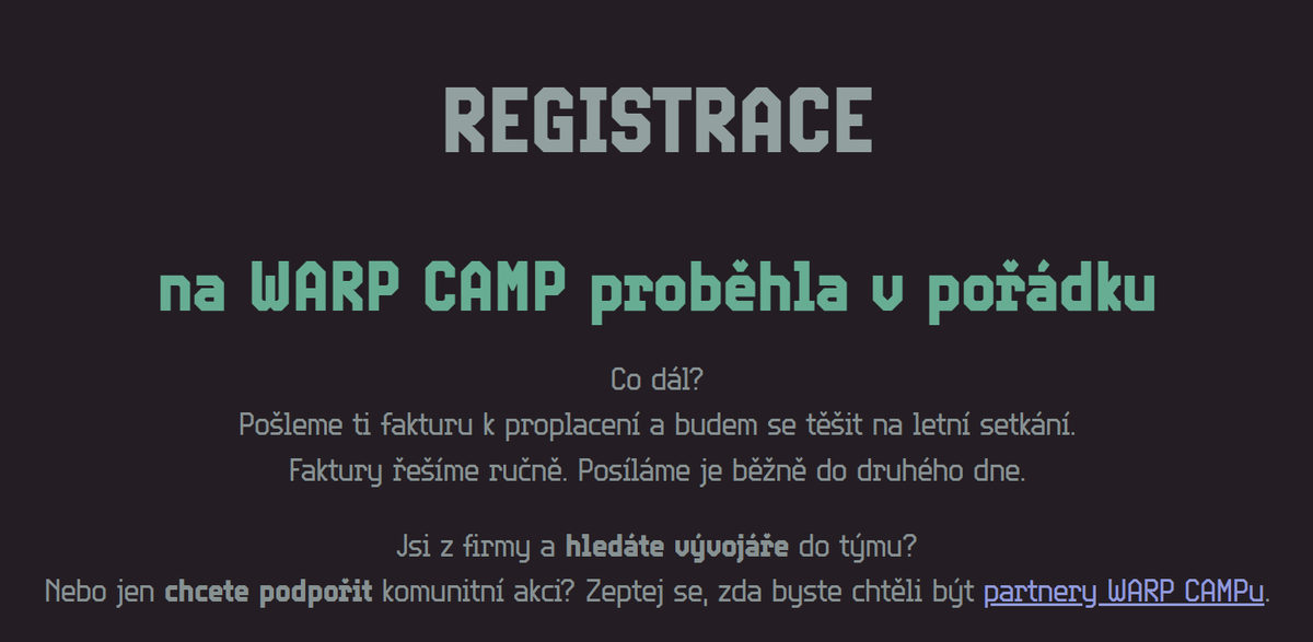 WarpCamp's tweet photo. Spustili jsme registraci pro ročník 2022
https://t.co/7KbiMOvPpX
#pehapkari #nettefw #headless #uxdesign #NodeJS #TypeScript #golang #rustlang #Cloud #Database #dataplustools https://t.co/GowXr6vkLv