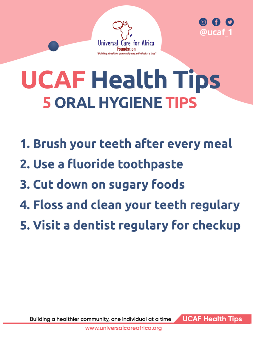 ucaf_1's tweet photo. 5 Oral health tips
1. Brush your teeth after every meal
2. Use a fluoride toothpaste when brushing your teeth
3. Cut down on sugary foods
4. Floss and clean your teeth regulary
5. Visit a dentist regularly for a dental checkup
#healthtips #health #dental #ucaf https://t.co/oJPr9QlI9O