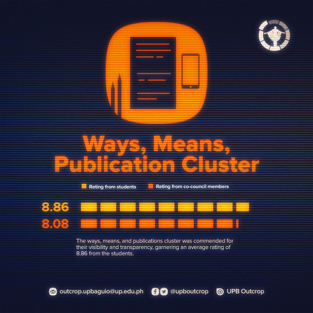 upboutcrop's tweet image. SCRUTINY RESULTS | WAYS, MEANS, PUBLICATION CLUSTER

See how the Secretary General, Finance Desk Councilor, and Specs-Volcorps councilor fared in the SCrutiny survey launched by Outcrop. Read the full assessment at bit.ly/3MLtLk5

#SCrutiny2022
#UPBSCE2022
#SCE2022
