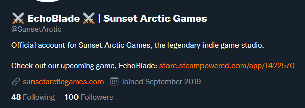 SunsetArctic's tweet photo. 100 followers! 🥳🥳🥳

Thank you to everyone that follows me! This wouldn't be possible without you! (literally)

Only a couple of more days before EchoBlade releases. I think it is a good sign! https://t.co/8rYe6UxprG