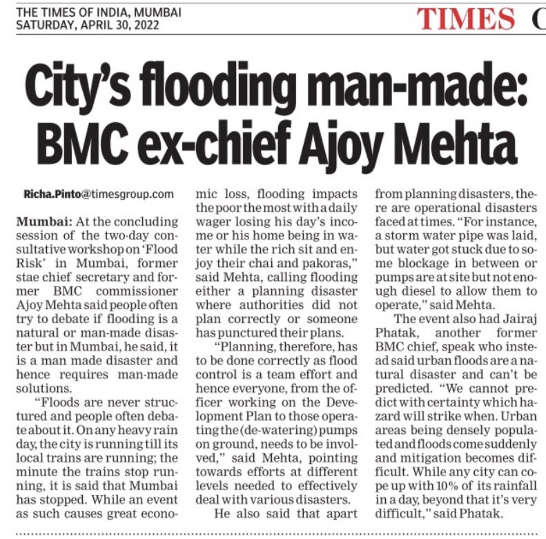 #Mumbai’s flooding problem man made, says former <a href="/mybmc/">माझी Mumbai, आपली BMC</a> chief at the concluding session of two day workshop on Flood Risk in Mumbai timesofindia.indiatimes.com/city/mumbai/ci…