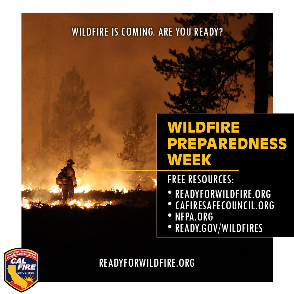 Today is the first day of #WildfirePreparednessWeek. Being ready for wildfire goes beyond our own homes. Community involvement can make all the difference if a wildfire strikes. readyforwildfire.org, cafiresafecouncil.org, nfpa.org or ready.gov/wildfires.