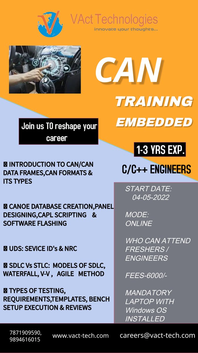 VActTechnology's tweet image. We are conducting #CAN Demo Orientation program on 04/05/2022 (Wednesday). Only weekend classes with placement opportunities also.
So we request all the #embeddeddevelopers with atleast 1 year of EXP
For registration please call to
+91 78719 09590 ,98946 16015
#embeddedsystems