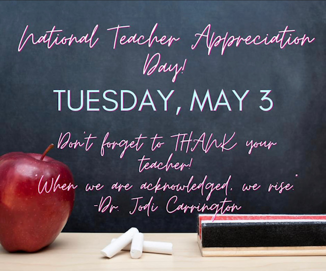 Tuesday, May 3 is officially "Teacher Appreciation Day" in Canada. Let's celebrate our amazing teachers at QES - send an email of thanks, or an acknowledgement of an amazing job done in these tough times. 
"When we are acknowledged, we rise."
-Dr. Jodi Carrington