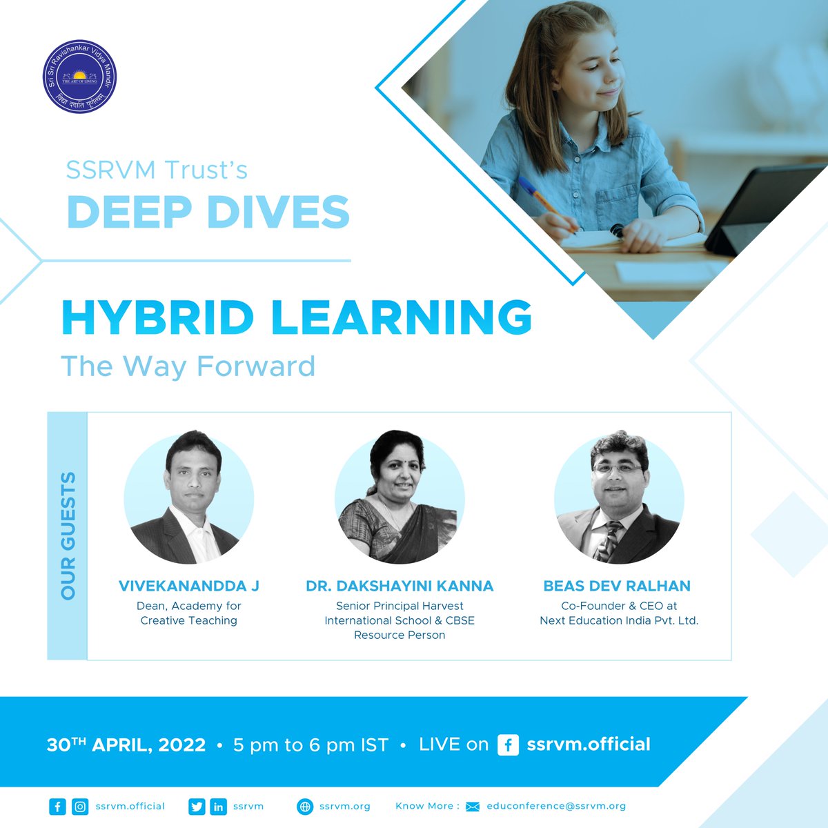 ssrvm's tweet photo. SSRVM Trust's Deep Dives invite you to another exciting discussion around the education system and its future, on the topic - ‘Hybrid Learning - The Way Forward’.
Join us LIVE, Today, 5 pm IST onwards at https://t.co/mF59j58ojR
#EducationMatters #SSRVMDeepDives #Education https://t.co/duMwmyEeUz