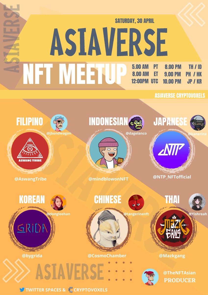 1/ Today we host ASIAVERSE's fourth meetup (Apr 30, Sat night in Asia). Held in @asiaverseworld CryptoVoxels, it is hosted concurrently in Twitter Spaces and conducted in major Asian languages. As usual, we have major artists, influencers and leaders involved from around Asia.