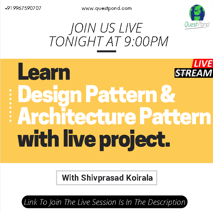 questpond's tweet photo. Hey Devs π
β Join our Livestream at 9.00 Pm Tonight .
π Link to attend : https://t.co/0TYaSMnbEW
.
.
#designpattern #designpatterntraining #designpatterntutorial #designpatternlive #architecturepatterninCsharp #architecturetutorial #learnarchitecturepattern https://t.co/mWpgGm3IJF