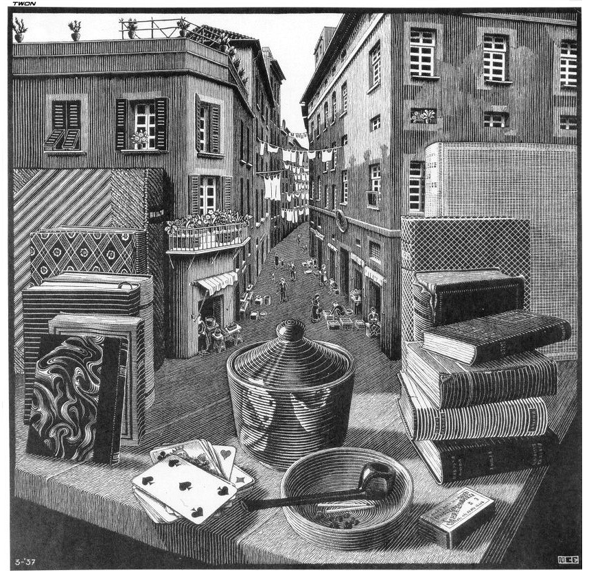 artistescher's tweet photo. Still Life and Street, 1937 #surrealism #escher https://t.co/zgf3CxIRn3