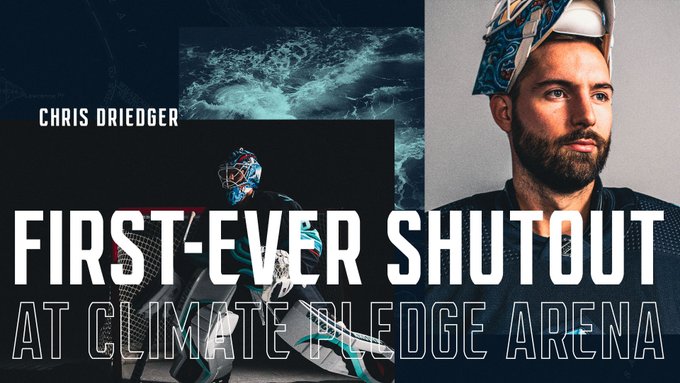 blue graphic with image of chris driedger with text that reads: first ever shutout at climate pledge arena