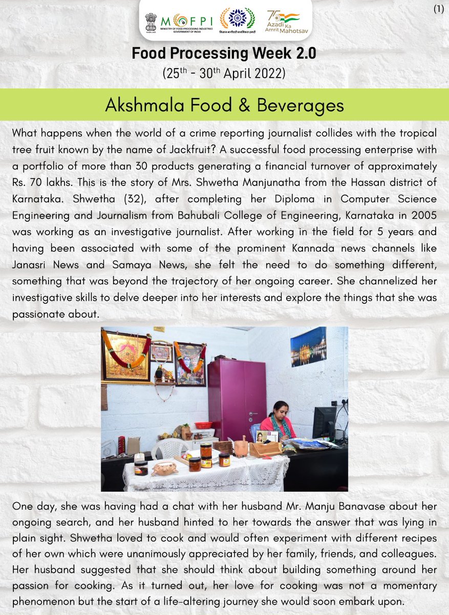 MOFPI_GOI's tweet photo. #FoodProcessingWeek2 | Read the success story of Smt. Shwetha Manjunatha of Akshmala Food &amp; Beverages under the ODOP component of @PMFMEScheme.

#KBPH
#KisanBhagidari https://t.co/U2D6h8g6u4