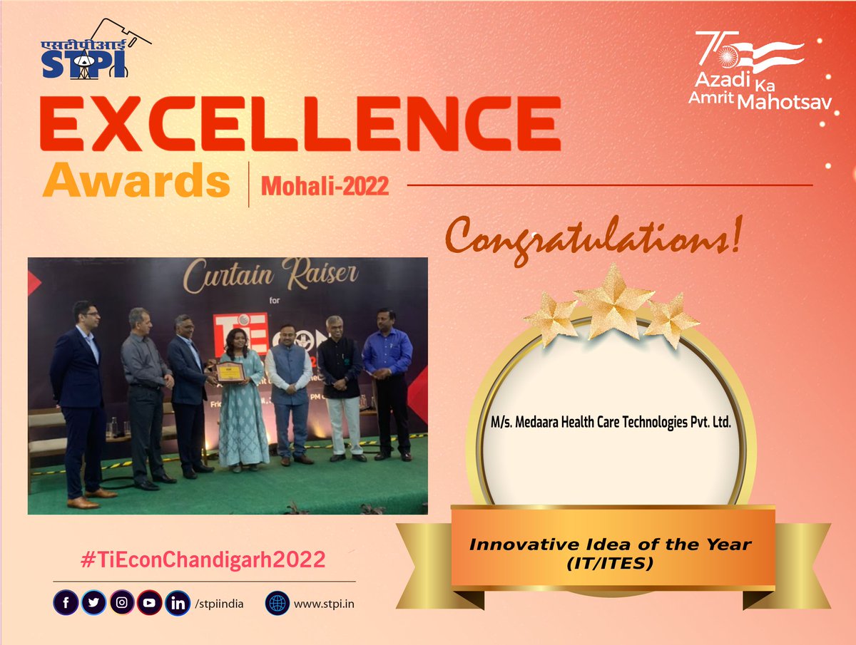 STPIMohali's tweet photo. @STPIMohali CongratulatesM/s. Medaara Health Care Technologies Pvt. Ltd.!! Awarded as “Innovative Idea of the Year” at STPI Awards – Mohali #TiEConChd2022 event at Plaksha University, Mohali #digitalindia #Startupindia @STPIINDIA @Arvindtw @Rajeev_Gol https://t.co/kz39dT5aTp