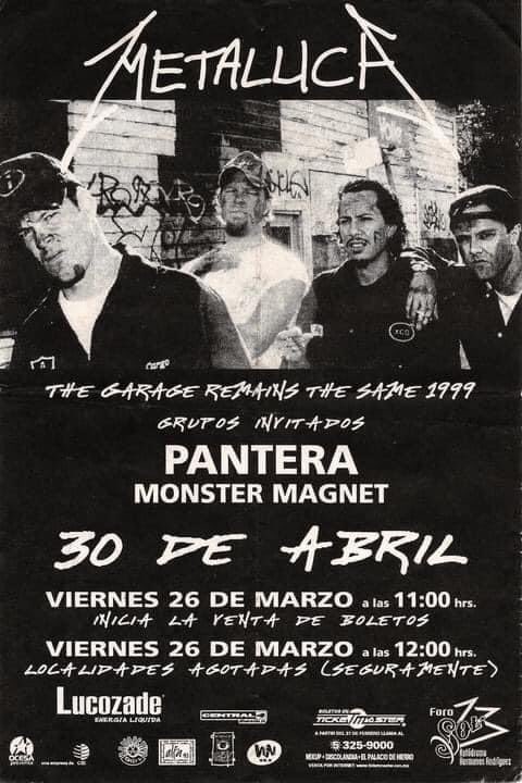 📆 En 1999, un día como hoy 30 de Abril, @Metallica se presenta en el Foro Sol de la Ciudad de México, México 🇲🇽. Tour: “The Garage Remains the Same”.
También se presentan @Pantera y @monstermagnetnj.
#Metallica #TheGarageRemainsTheSame #METALLICAMetalUpYourAss🗡🚽