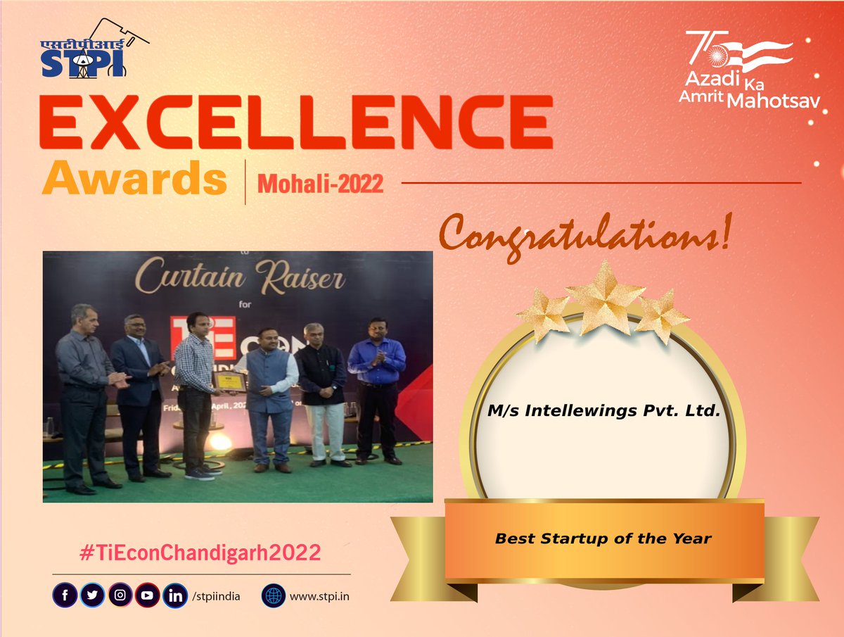 STPI Mohali (@stpimohali) on Twitter photo <a href="/STPIMohali/">STPI Mohali</a> Congratulates M/s. Intellewings Pvt. Ltd.!! Awarded as “Best Startup of the year” at STPI Awards – Mohali #TiEConChd2022 event at Plaksha University, Mohali #digitalindia #Startupindia @STPIINDIA @Arvindtw @Rajeev_Gol <a href="/STPIMohali/">STPI Mohali</a> Congratulates M/s. Intellewings Pvt. Ltd.!! Awarded as “Best Startup of the year” at STPI Awards – Mohali #TiEConChd2022 event at Plaksha University, Mohali #digitalindia #Startupindia @STPIINDIA @Arvindtw @Rajeev_Gol