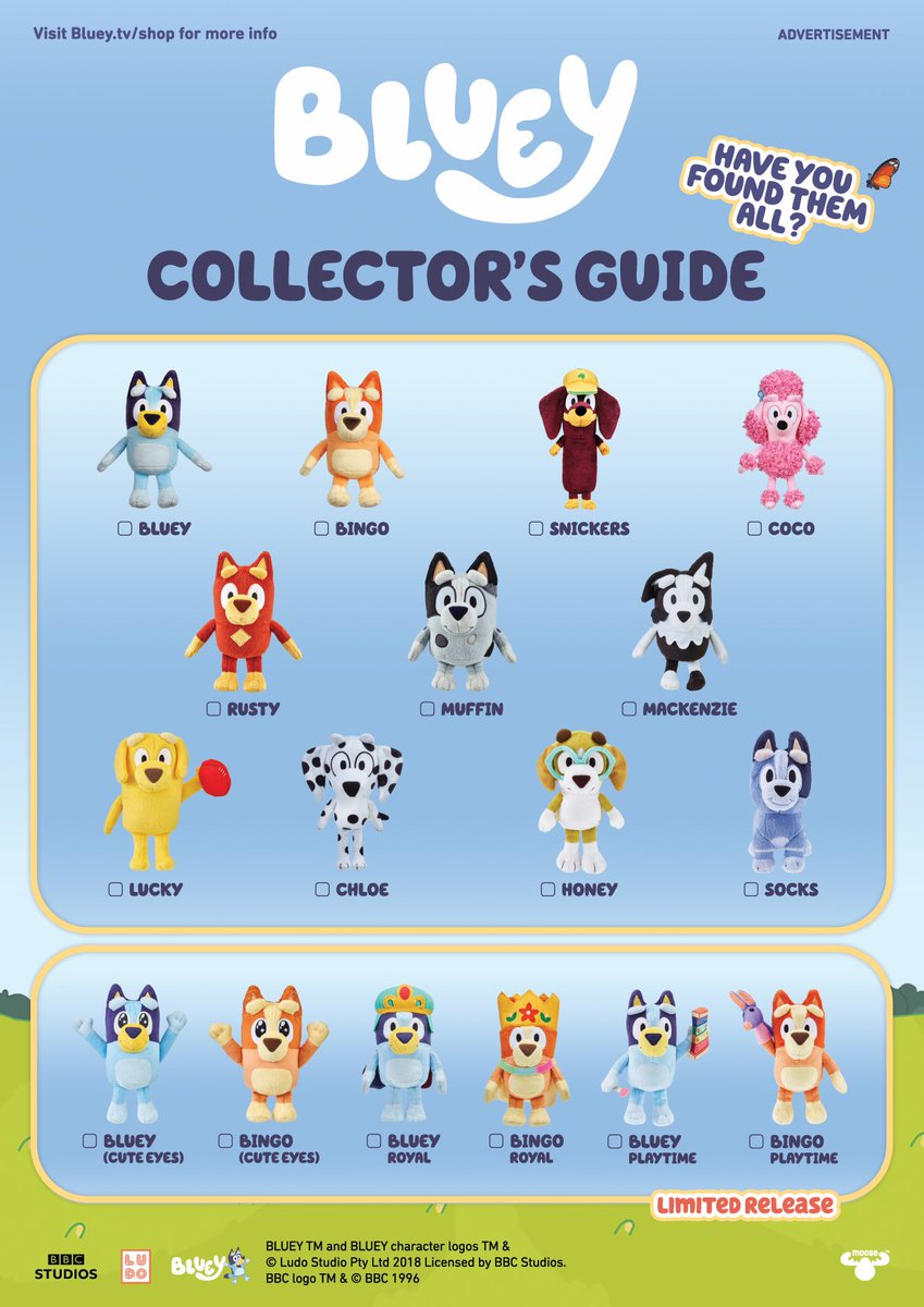 We have collaborated with @Moose_Toys to bring you this Official Collectors Guide. Feel free to share, download and print.
truebluetoys.com.au/bluey/

#trueblue #truebluetoys #betrueblue #toysforaussiekids #bluey #blueyandbingo #moosetoys #blueytoys #blueyplush