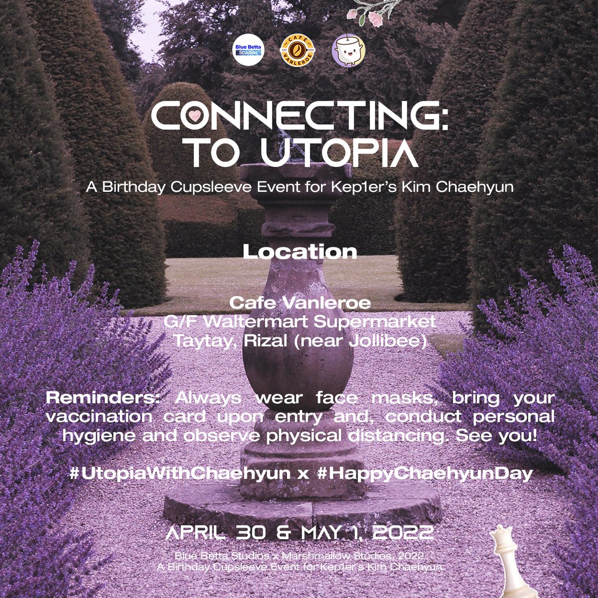 Mallowstudiosph's tweet photo. CONNECTING: TO UTOPIA
A Birthday Cupsleeve Event for Kep1er's Kim Chaehyun
Event Details
 
April 30 and May 1, 2022 

🪐💫🛰

@BBettaStudiosPH x @Mallowstudiosph

In partnership with Cafe Vanleroe 

#BlueBettaStudios #Kep1er #케플러 #김채현 #채현 #ToUtopia

See you! https://t.co/MP15P43XIa