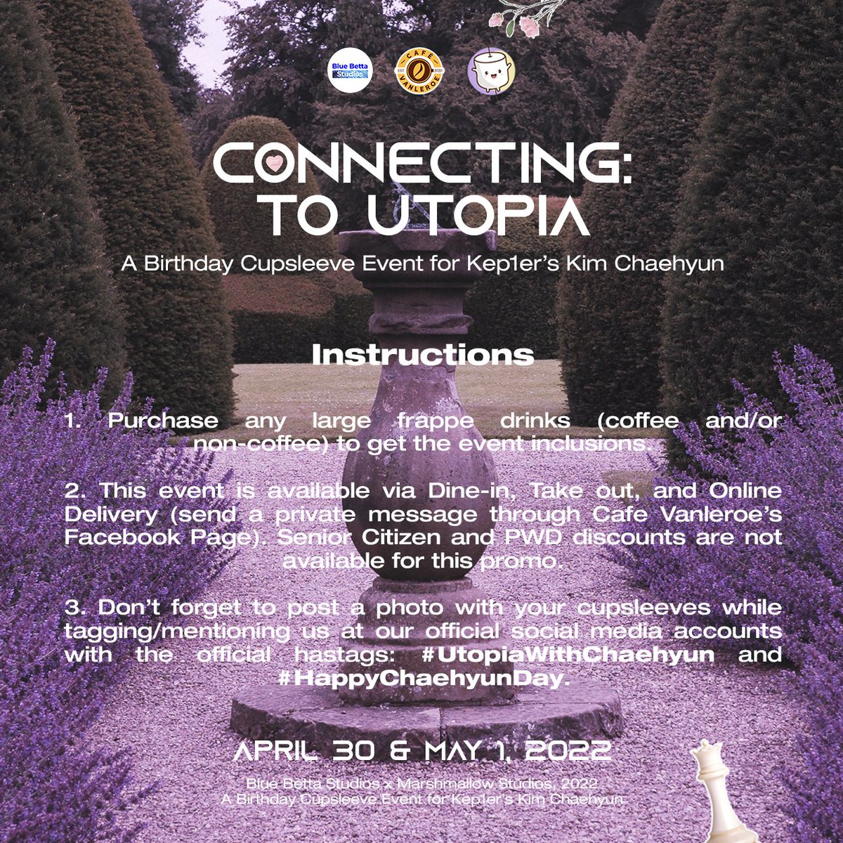 Mallowstudiosph's tweet photo. CONNECTING: TO UTOPIA
A Birthday Cupsleeve Event for Kep1er's Kim Chaehyun
Event Details
 
April 30 and May 1, 2022 

🪐💫🛰

@BBettaStudiosPH x @Mallowstudiosph

In partnership with Cafe Vanleroe 

#BlueBettaStudios #Kep1er #케플러 #김채현 #채현 #ToUtopia

See you! https://t.co/MP15P43XIa