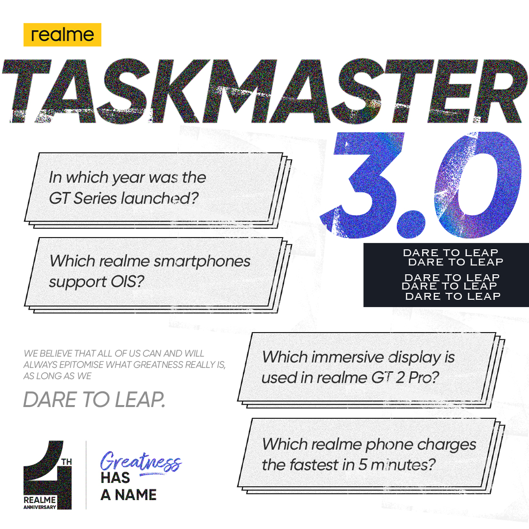 realmeIndia's tweet photo. The Taskmaster 3.0 has begun! 
Answer correctly and stand a chance to win* a lot of realme devices. One lucky winner may win a #realmeGT2. 

*T&amp;C Apply
#Contest  #Taskmaster3 #realmeTurns4 #GreatnessHasAName https://t.co/yQnF3CdCeG
