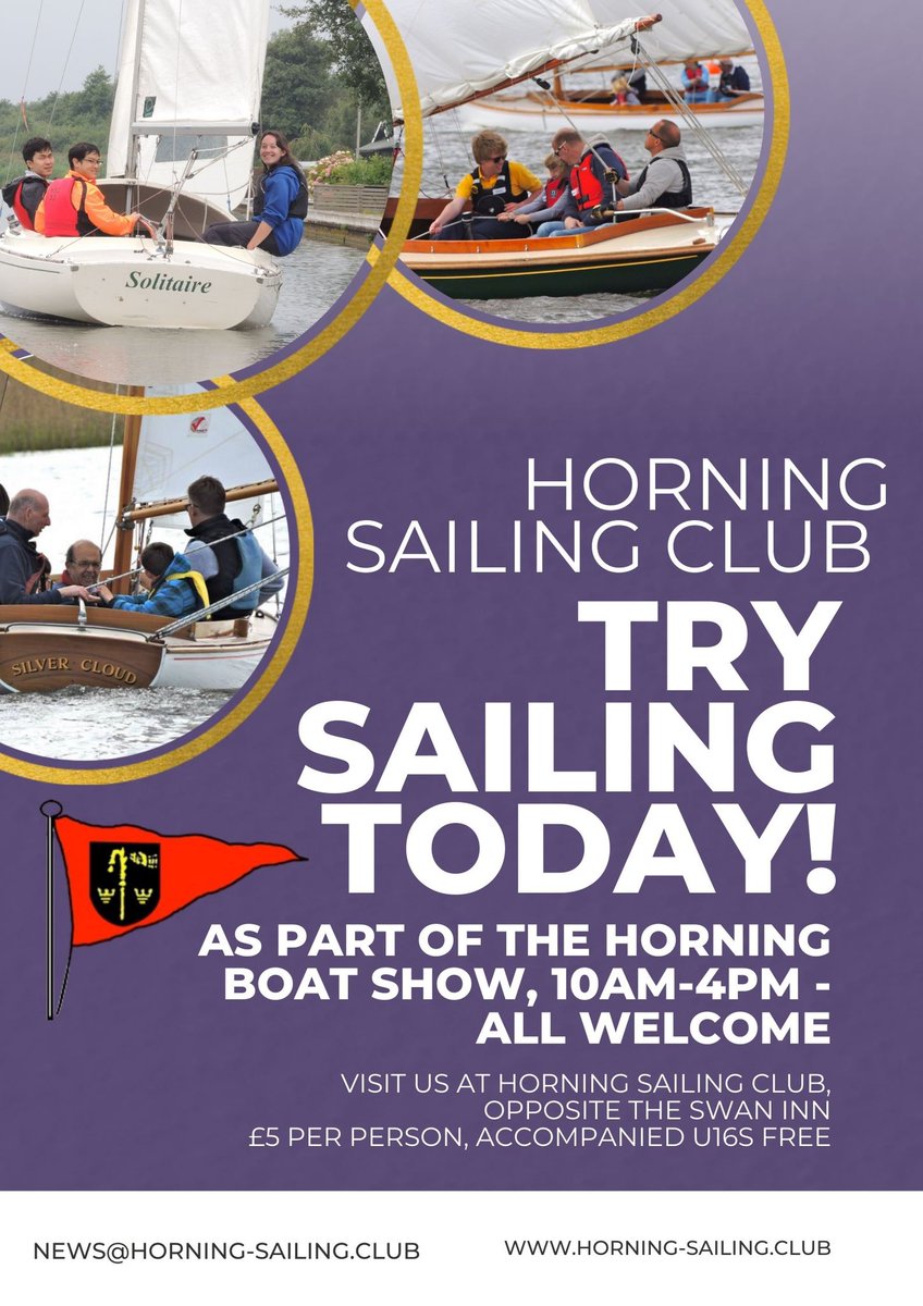 HorningSC's tweet photo. Today’s the day! Come and #discoversailing at Horning Sailing Club today - all welcome! 10am - 4pm as part of @BoatHorning #discoversailing #ryaeast #trysomethingnew #horningboatshow https://t.co/UscH1dJLGP