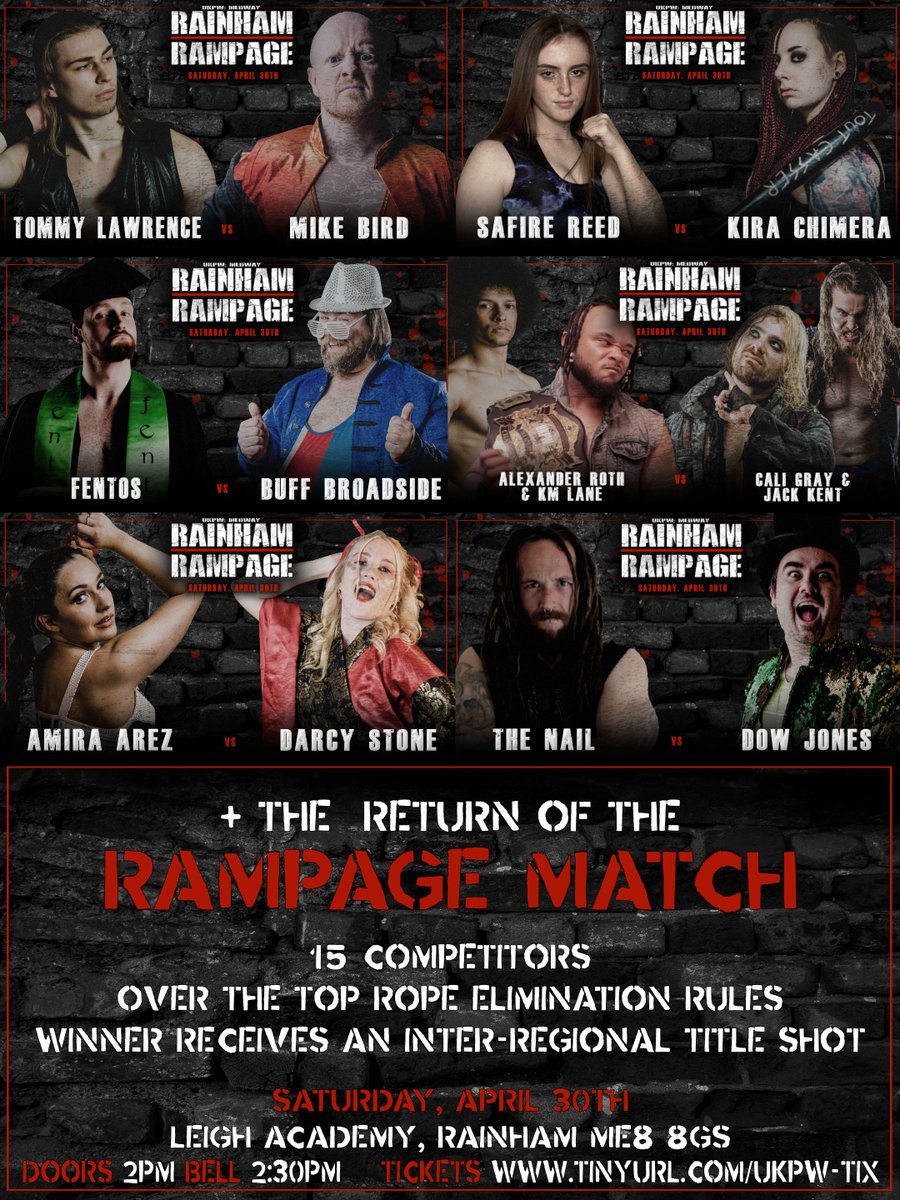 TODAY @ Leigh Academy, Rainham
Doors 2pm

Limited tickets available on the door &amp; via tinyurl.com/UKPW-tix

<a href="/FlyingMikeBird/">The Godfather</a> <a href="/safirewrestler/">Safire Reed ☣️</a> <a href="/KiraChimera/">Kira Chimera - The Mother Of Freyja ⚔️</a> <a href="/FentosGoodSir/">Fentos</a> <a href="/BroadsideBuff/">Buff Broadside</a> <a href="/A_Roth7/">Multiversal</a> @KeirML <a href="/thecaligray/">Cali Gray</a> <a href="/RealJackKent/">Jack Kent</a> @amiraxarez <a href="/DarcyStonePW/">🅳🅰🆁🅲🆈 🆂🆃🅾🅽🅴 ダーシー • ストーン</a> #Wrestling #ProWrestling