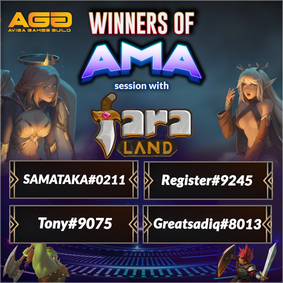 meegamesgg's tweet photo. Here are the winners of the latest #AMA session 
with @faraland_io🏆🎮

Congratulations🥳

#AGG #play2earn #Faraland $FARA https://t.co/wUdIRqIsz7