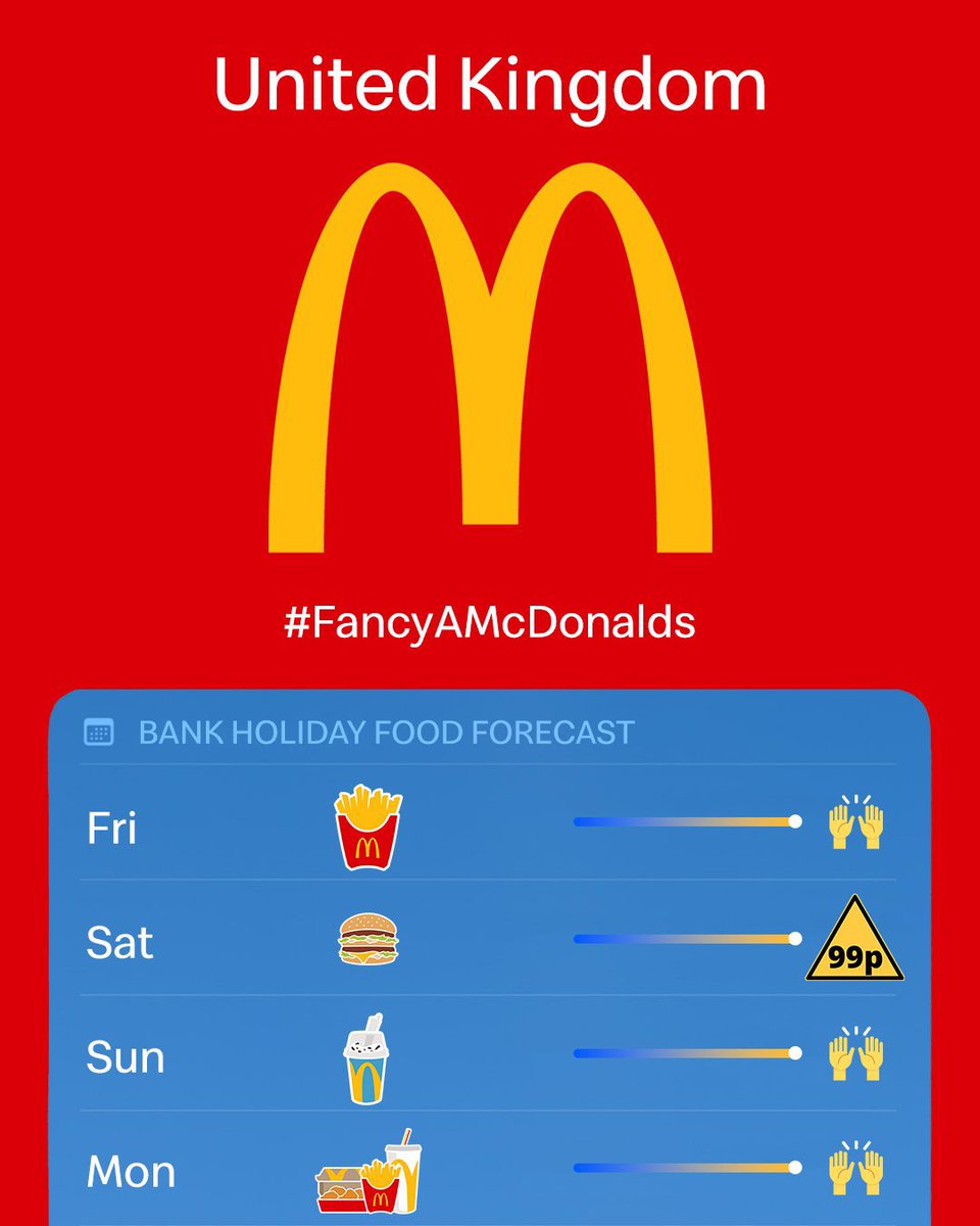 mcds_mboro's tweet photo. Another long weekend ahead 🎉

Here’s the forecast - delicious with a strong chance of 99p Big Macs in the App 🍔 https://t.co/wnqtaILdMb