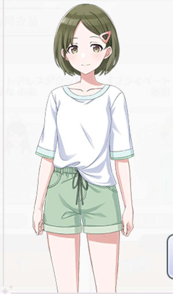 shirase sakuya 1girl solo shorts hair ornament green shorts shirt hairclip  illustration images