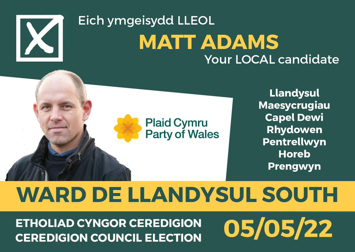 🗳 ❌ Matt Adams <a href="/PlaidCeredigion/">Plaid Cymru - Ceredigion</a> 5/5/22 #Llandysul #CapelDewi #Pentrellwyn #Maesycrugiau #Rhydowen #Horeb #Prengwyn #plaid22 #Ceredigion