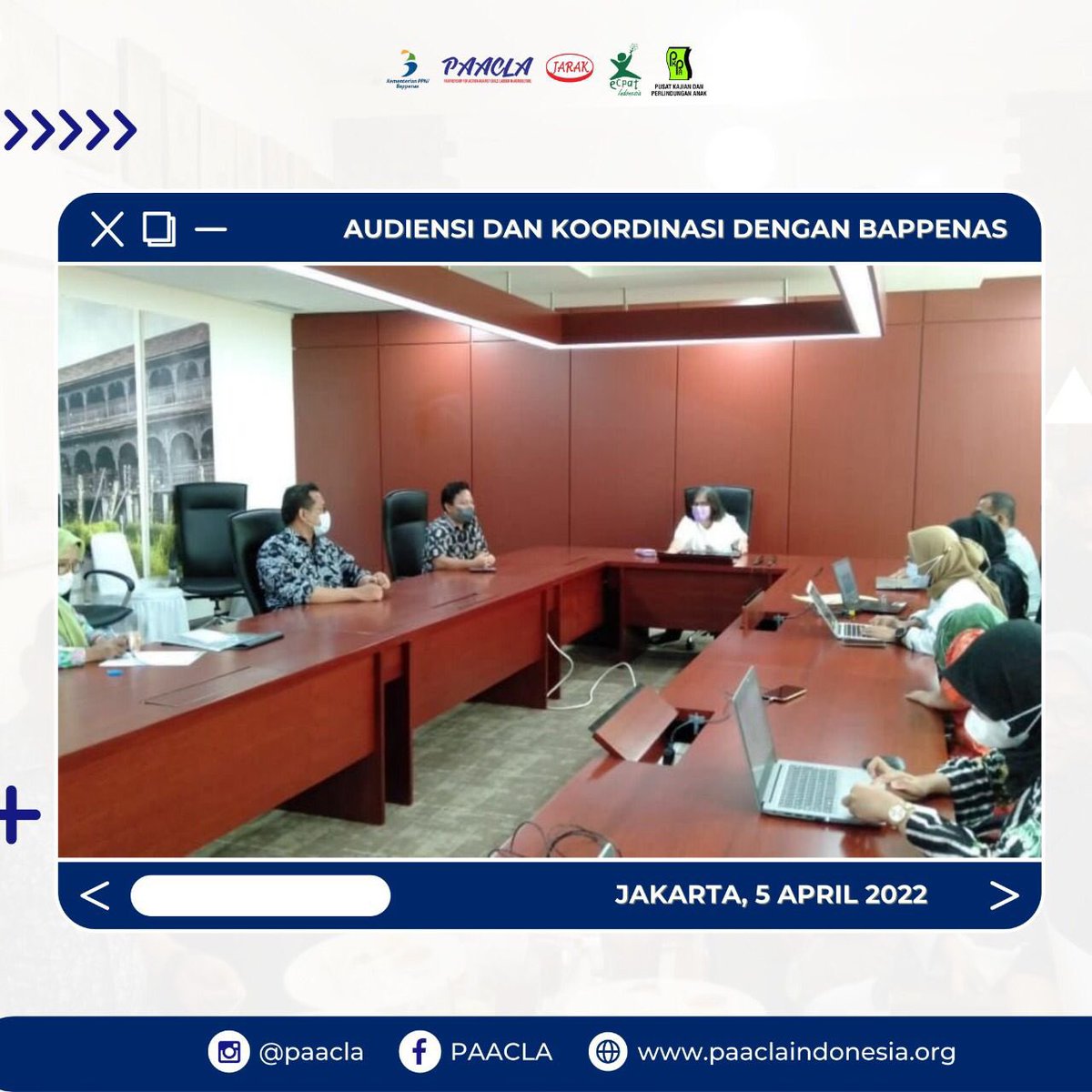 Koordinasi dan Konsultasi bersama BAPPENAS. 

Agenda koordinasi kali ini cukup berbeda, karena dilakukan gabungan dari tiga lembaga; <a href="/ECPAT_Indonesia/">ECPAT Indonesia</a> <a href="/jarak_indo/">JARAK Sekretariat</a> dan <a href="/YayasanPKPA/">PKPA Indonesia</a> untuk berkoordinasi terkait dengan agenda National Conference 2022

#BersamaPAACLA