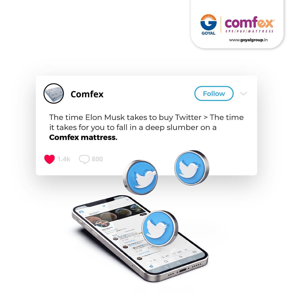 Be as smart as Elon, choose Comfex Mattresses for uninterrupted sleep.
#comfex #mattressfactory #mattressfirm #mattresskolkata #epefoam #pufoam #rebondedfoam #epefoam #TWITTER #companyintroduction #goyalgroup #goyalgroupkolkata #elonmusk #twitter