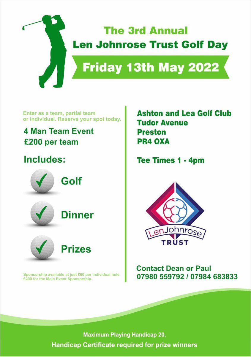 We have a few places remaining for our third annual Len Johnrose Trust Golf Day.

Details are below to get involved.

We'd love to see you.

<a href="/LJohnrose/">len johnrose</a>