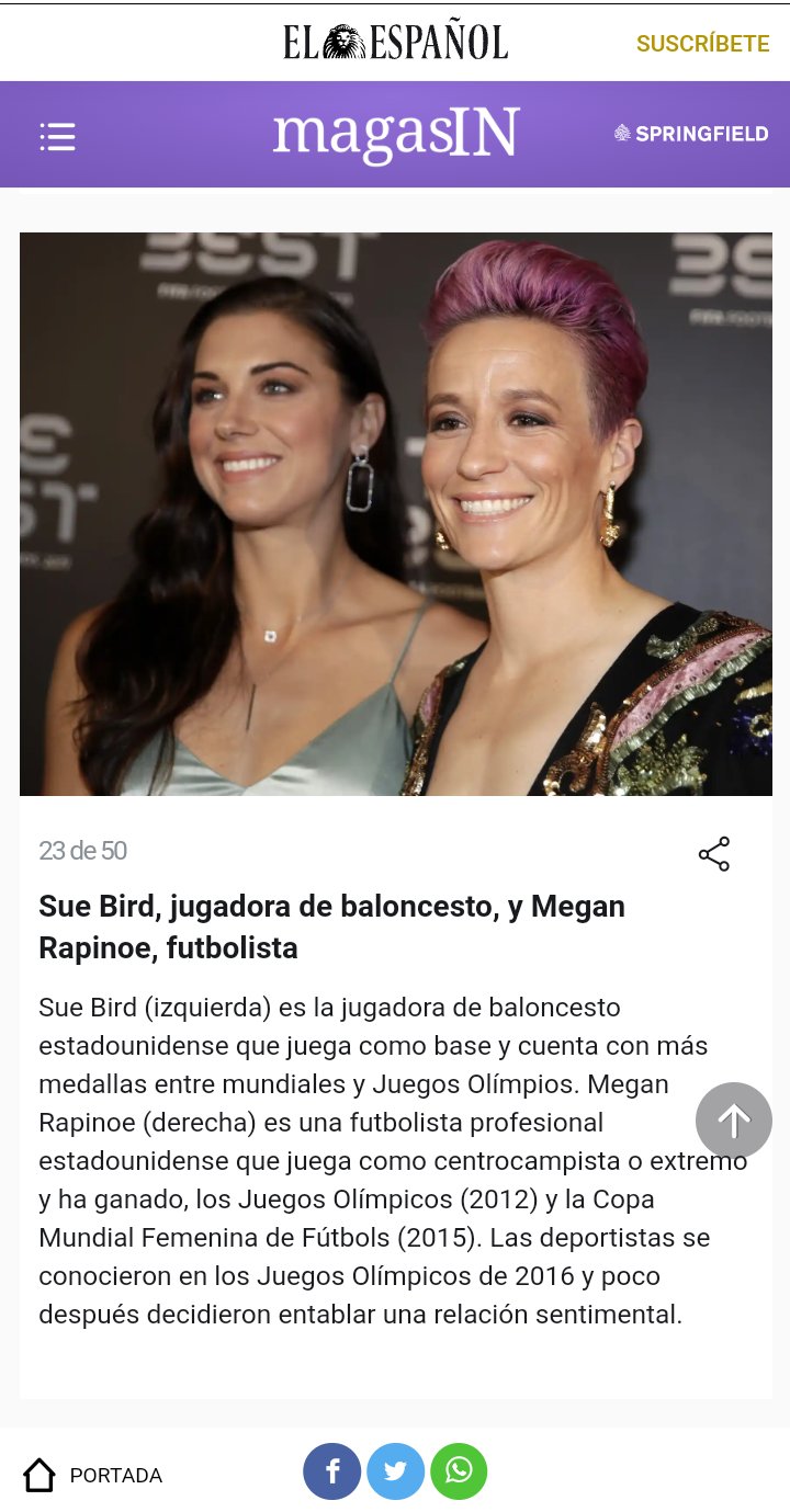 Imagen de un artículo de El Español sobre visibilidad lésbica. En la imagen aparecen Alex Morgan y Megan Rapinoe, ambas futbolistas. En el texto se cita a Sue Bird, jugadora de baloncesto y pareja de Megan Rapinoe pero no aparece en la imagen.