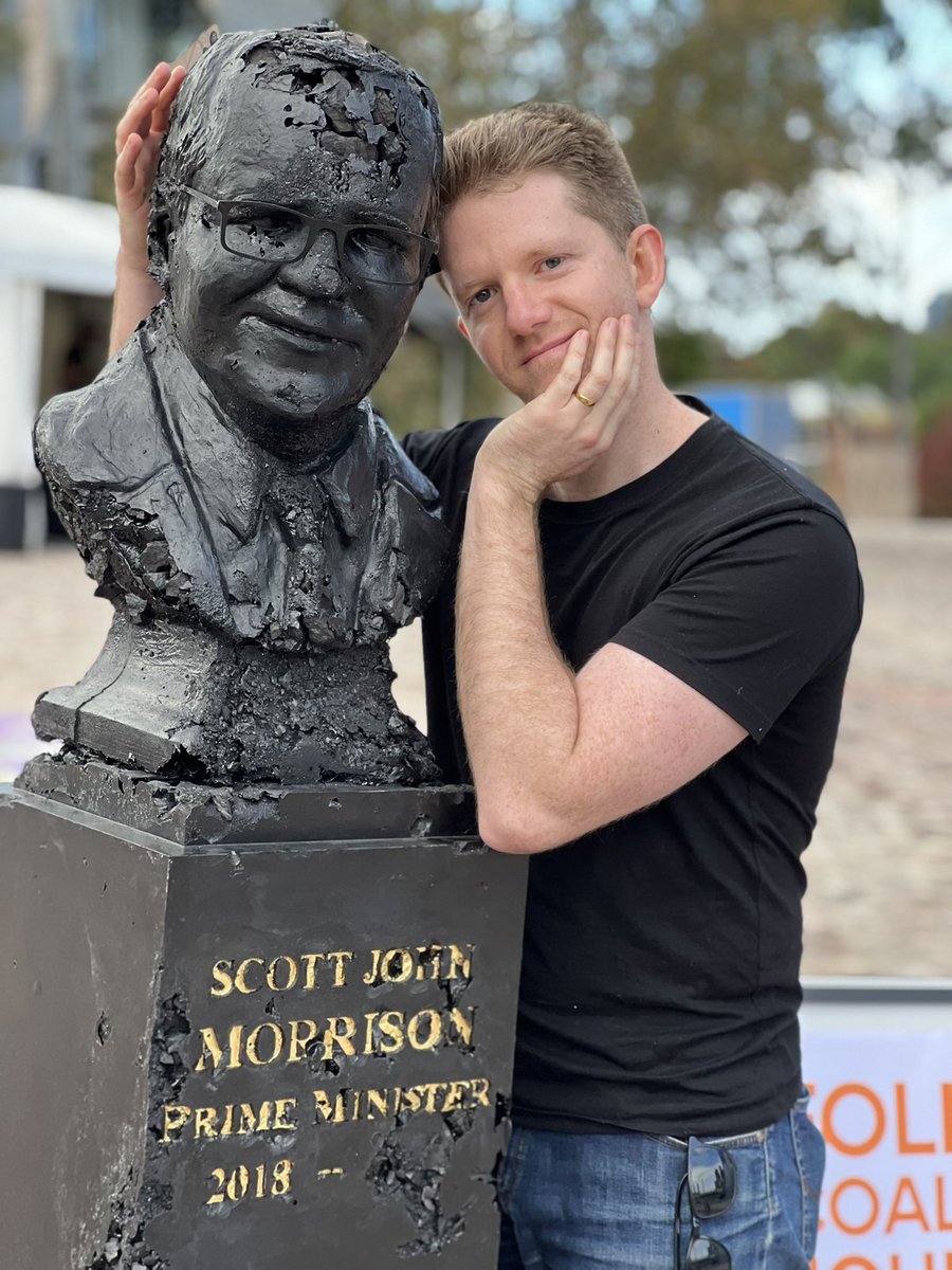 earthkath's tweet photo. A statue of Scott Morrison cast out of coal had a big day out in Melbourne. The expression on his face is from the moment he held a lump of coal on Parliament. 

The artist is Louis Pratt.  #CoalMo https://t.co/c5lkqrj4qT