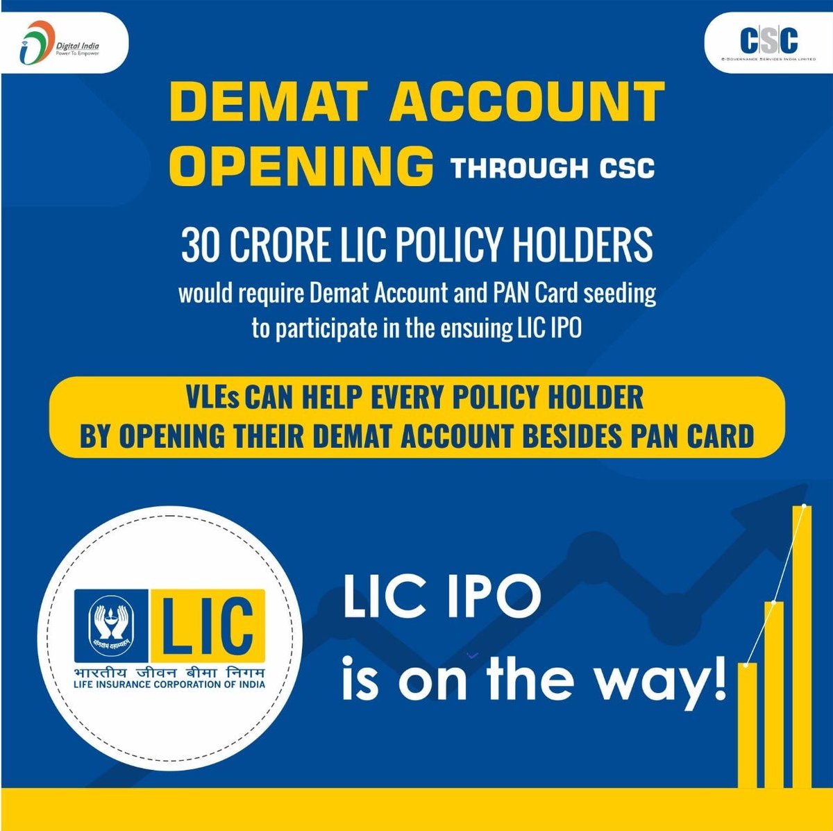DEMAT Account Opening through CSC...

VLEs can help every policyholder by opening their DEMAT account besides PAN Card.

LIC IPO is on the way!!

#CSC #DigitalIndia #RuralEmpowerment #LICIPO #DematAccount #SaturdayVibes #SaturdayFeeling
