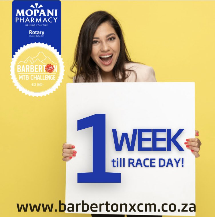 Whaatttt!!!! Only 1 week till race day!!! JUST DO IT - ENTER NOW: barbertonxcm.co.za <a href="/alangordon_mtb/">Alan Gordon</a> <a href="/stranners/">Joel Stransky</a> <a href="/Gawiecombrinck/">Gawie Combrinck</a> <a href="/Lowvelder/">Lowvelder</a> <a href="/MtbApp/">MtbApp</a> <a href="/Bicycling_SA/">Bicycling SA</a> <a href="/SAmarathonMTB/">SA Marathon MTB</a> <a href="/MTBKingSA/">MTBKing</a> <a href="/FullSussa/">Full Sus #mtb</a> <a href="/Cycle_Events/">Cycle Events</a> <a href="/CycleAtLynnwood/">Cycle At Lynnwood</a> @CycleFitShack <a href="/centurioncycler/">Centurion Cyclery</a> @RaceTecChip