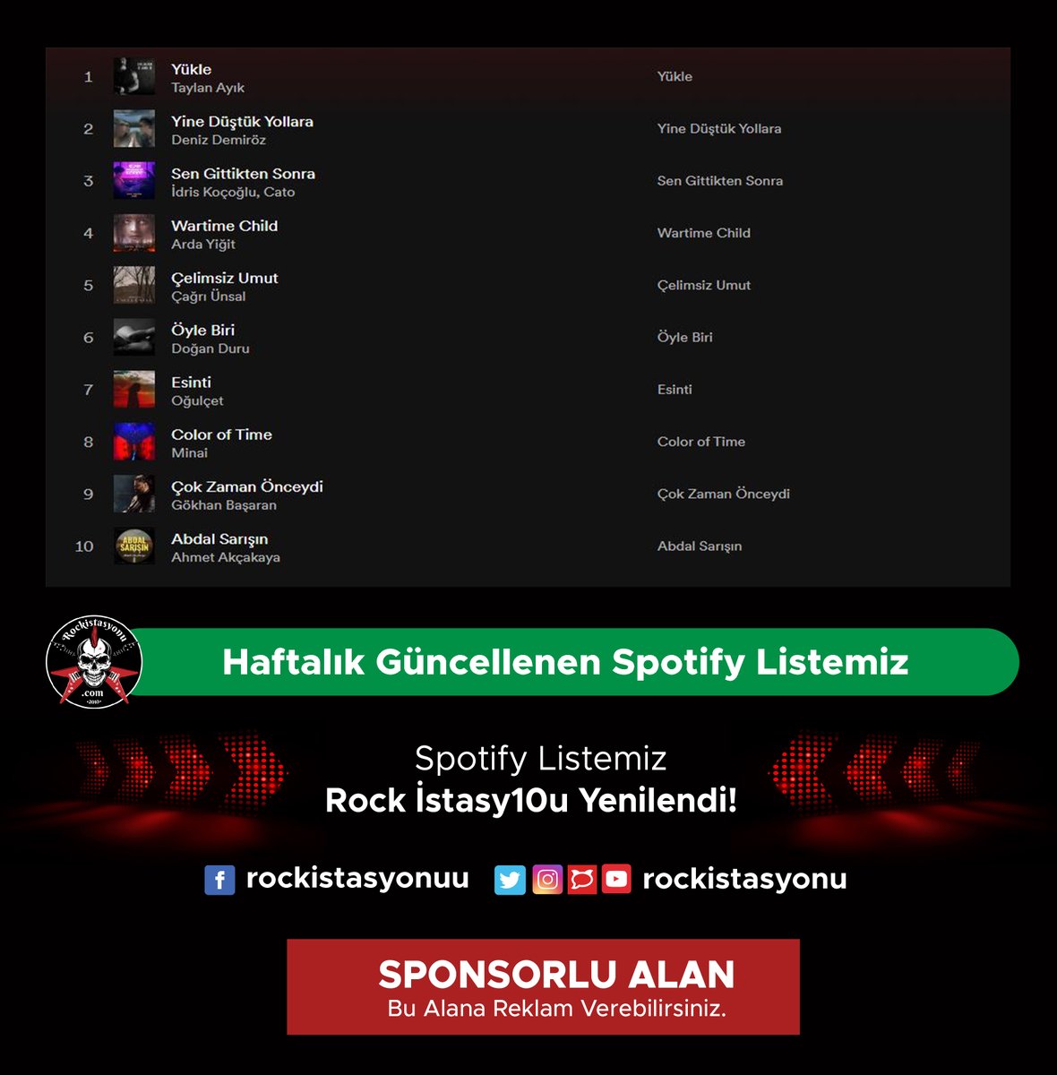 Rock İstasyonu (@rockistasyonu) on Twitter photo "Her Cumartesi" güncellenen Spotify listemiz "Rock İstasy10u" yenilendi. 😉 Listemizin açılışını @xxkarataylanxx yaparken, <a href="/denizdemiroz/">Deniz Demiröz</a> <a href="/kocogluofficial/">İdris Koçoğlu</a> @renksiz_arda <a href="/cagriunsal/">Çağrı Ünsal</a> <a href="/reddvox/">Doğan Duru</a> ve @OnAirSahne'den @ogulcet listemizin yenileri. ✨
spoti.fi/3y5TAqY "Her Cumartesi" güncellenen Spotify listemiz "Rock İstasy10u" yenilendi. 😉 Listemizin açılışını @xxkarataylanxx yaparken, <a href="/denizdemiroz/">Deniz Demiröz</a> <a href="/kocogluofficial/">İdris Koçoğlu</a> @renksiz_arda <a href="/cagriunsal/">Çağrı Ünsal</a> <a href="/reddvox/">Doğan Duru</a> ve @OnAirSahne'den @ogulcet listemizin yenileri. ✨
spoti.fi/3y5TAqY