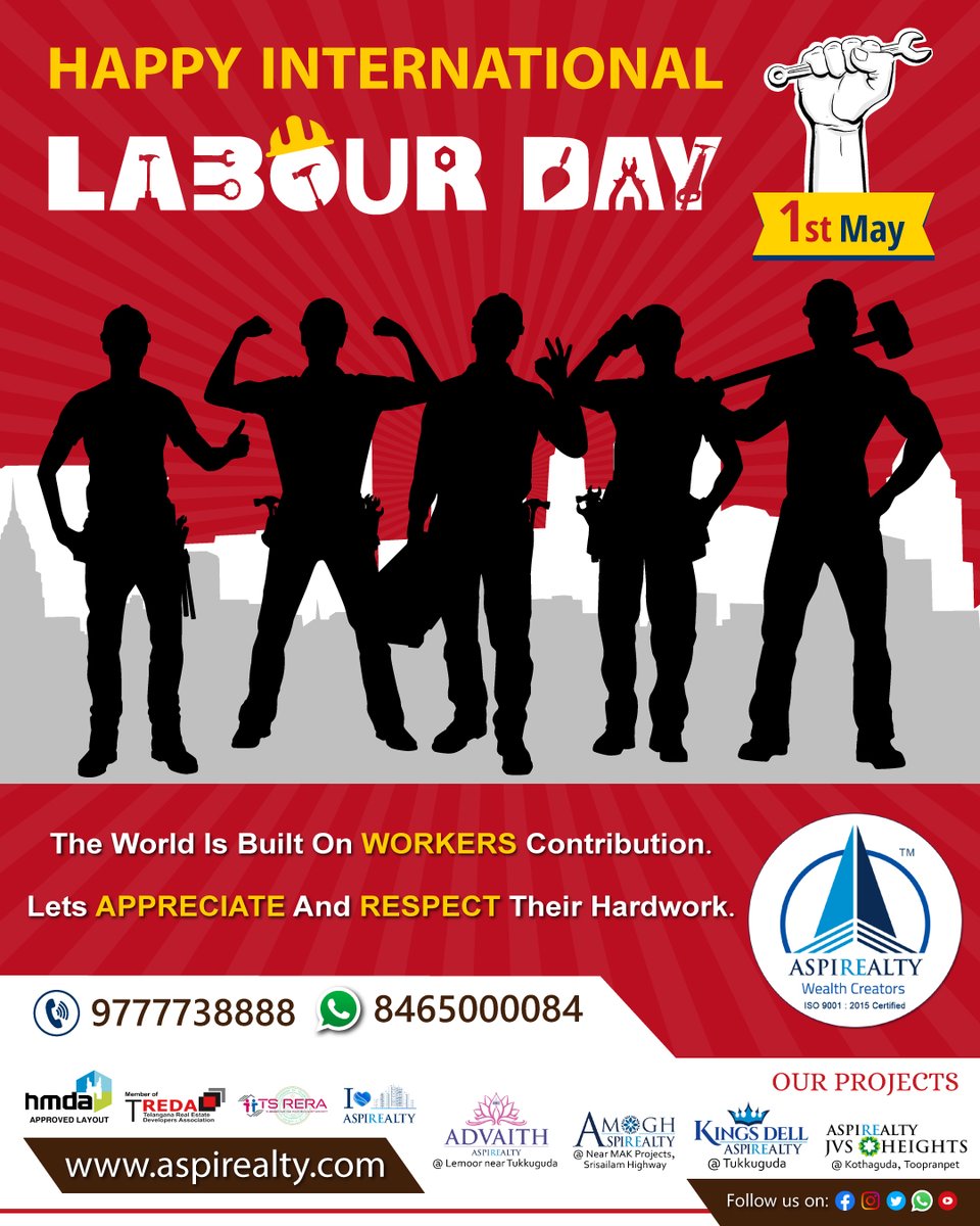 aspirealty's tweet photo. The World Is Built On Workers Contribution. Lets Appreciate & Respect Their Hardwork.
Call: 9777738888,WA: 8465000084
https://t.co/uyxQCqMP3P, info@aspirealty.com
#Aspirealty #WealthCreators #HMDA #Advaith #Amogh #KingsDell #JvsHeights #Kingsmarque #InternationalLabourDay #MayDay https://t.co/uwZoC7i0Dt