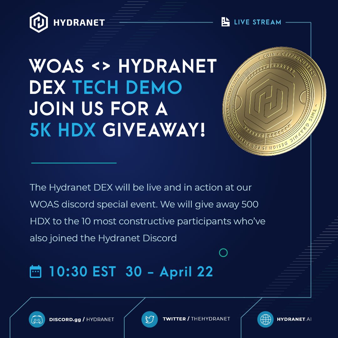 TheHydranet's tweet image. WoAS / Hydranet DEX Techdemo!
We are going to live demo the MCLW #DEX with our partner community Wolves Of Alt Street tonight.

Join the event and visit our discord (discord.gg/hydranet) for a 5k $HDX giveaway!

#Hydranet @HydranetDEX #HDX