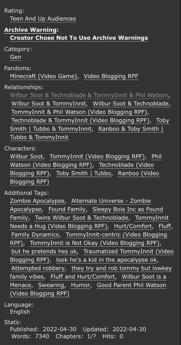 quotebookxav's tweet photo. TommyInnit’s Guide on Surviving the Apocalypse!

• Tommy-centric Zombie Apocalypse AU!
• SBI Found Family
• Tommy is just trying to vibe

RTs and kudos appreciated :’)

https://t.co/cKIzG6PEoF https://t.co/VMqStNVa6p