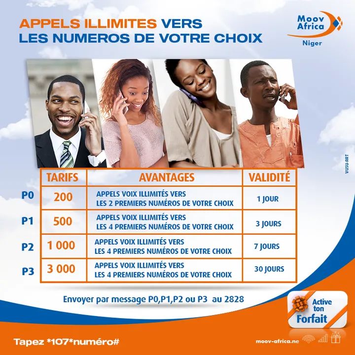 MoovAfricaNiger's tweet photo. #FlottePerso Casse les prix

Famille, désormais appelez en illimité vos numéros complices avec la flotte perso de Moov Africa à partir de 200F.
Pour souscrire envoyez P0,P1,P2 ou P3 au 2828.
Et tapez *107*numéro# Pour ajouter vos numéros complices et profitez!

#MoovAfricaNiger https://t.co/fEH8J7vBxp