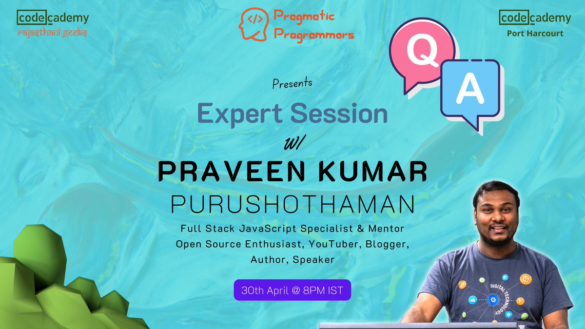 praveenscience's tweet photo. Fundamentals of #Web Dev - this is going to be an #AMA #Stream, where Praveen's answering various #questions related to #WebDevelopment.
It's a a part of #events conducted by #PragmaticProgrammers and #RajasthaniGeeks powered by @Codecademy.
#LiveStream: https://t.co/TkoWRPLJPT https://t.co/CS1KoKb3iv