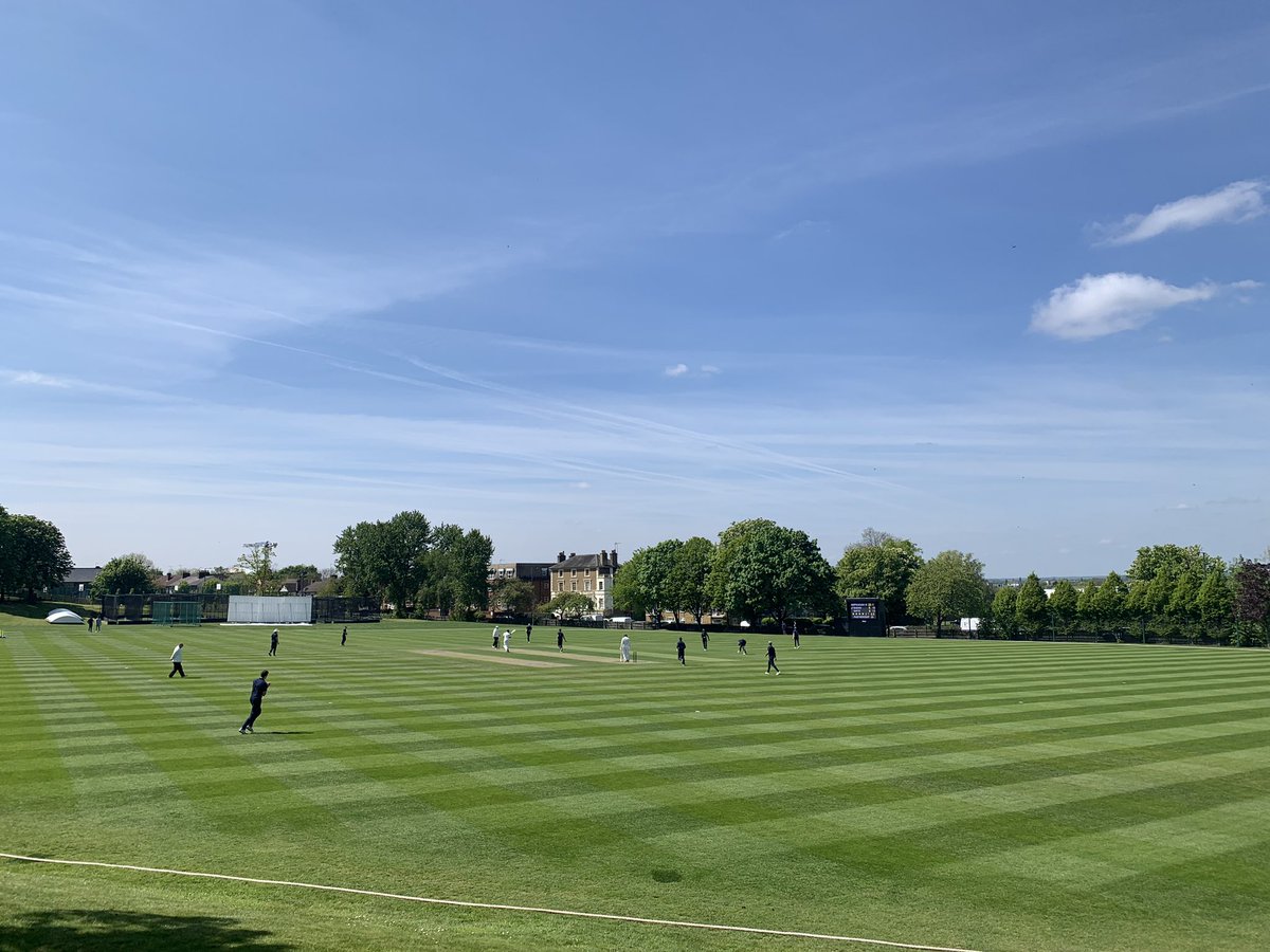 aaron_winfield's tweet photo. Harrow 450th anniversary cricket game. Second game on the wicket with outfield coming along nicely. @kemmo81 https://t.co/34ayL1HS9F